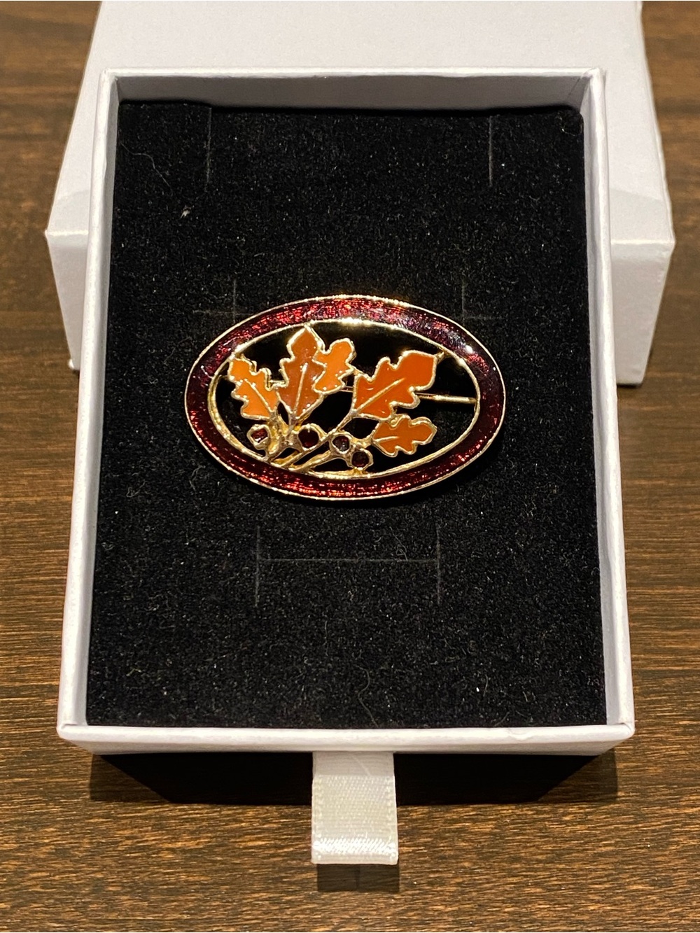 Michele Lynn Brooch Signed Enamel Oak Leaf Oval Pin with Red Border